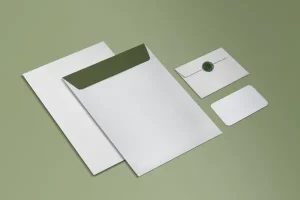 Sobres y folders personalizados como parte de la papelería corporativa para una presentación profesional.