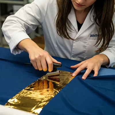 Técnica de hot stamping foil realizada por una joven diseñadora en un taller de impresión profesional.