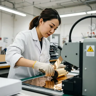 Mujer concentrada realizando estampado con técnica de hot stamping foil sobre material brillante.