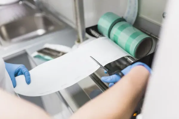 Foto de persona con guantes cortando material de impresión de un rollo para colocarle una impresión foil.