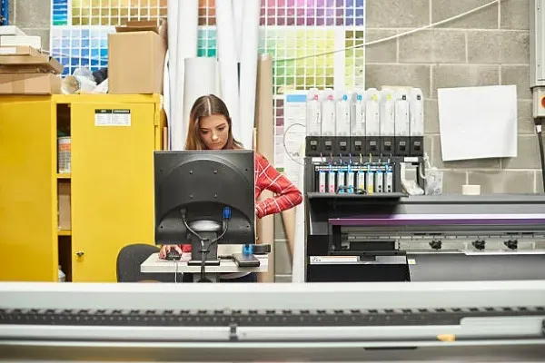 Mujer frente computador en una imprenta enviando a imprimir un archivo para conocer qué es impresión digital