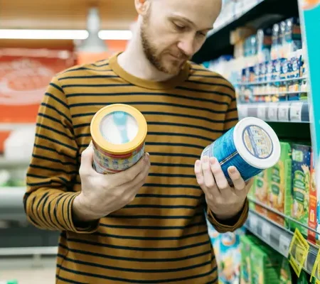 Hombre en pasillo de supermercado revisando y comparando diferentes tipos de etiquetas para productos en dos envases antes de decidir su compra