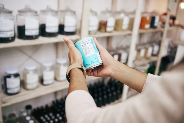 Persona evaluando tipos de etiquetas para productos alimenticios al revisar la etiqueta nutricional que detalla ingredientes y características del producto Persona sostiene producto en sus manos para leer y comprender los tipos de etiquetas para productos enfocados en valores nutricionales y contenido