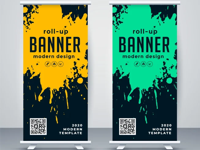 Dos roll up banner con diseño moderno, destacando manchas de pintura en tonos amarillo y verde sobre un fondo oscuro, para captar la atención en eventos.