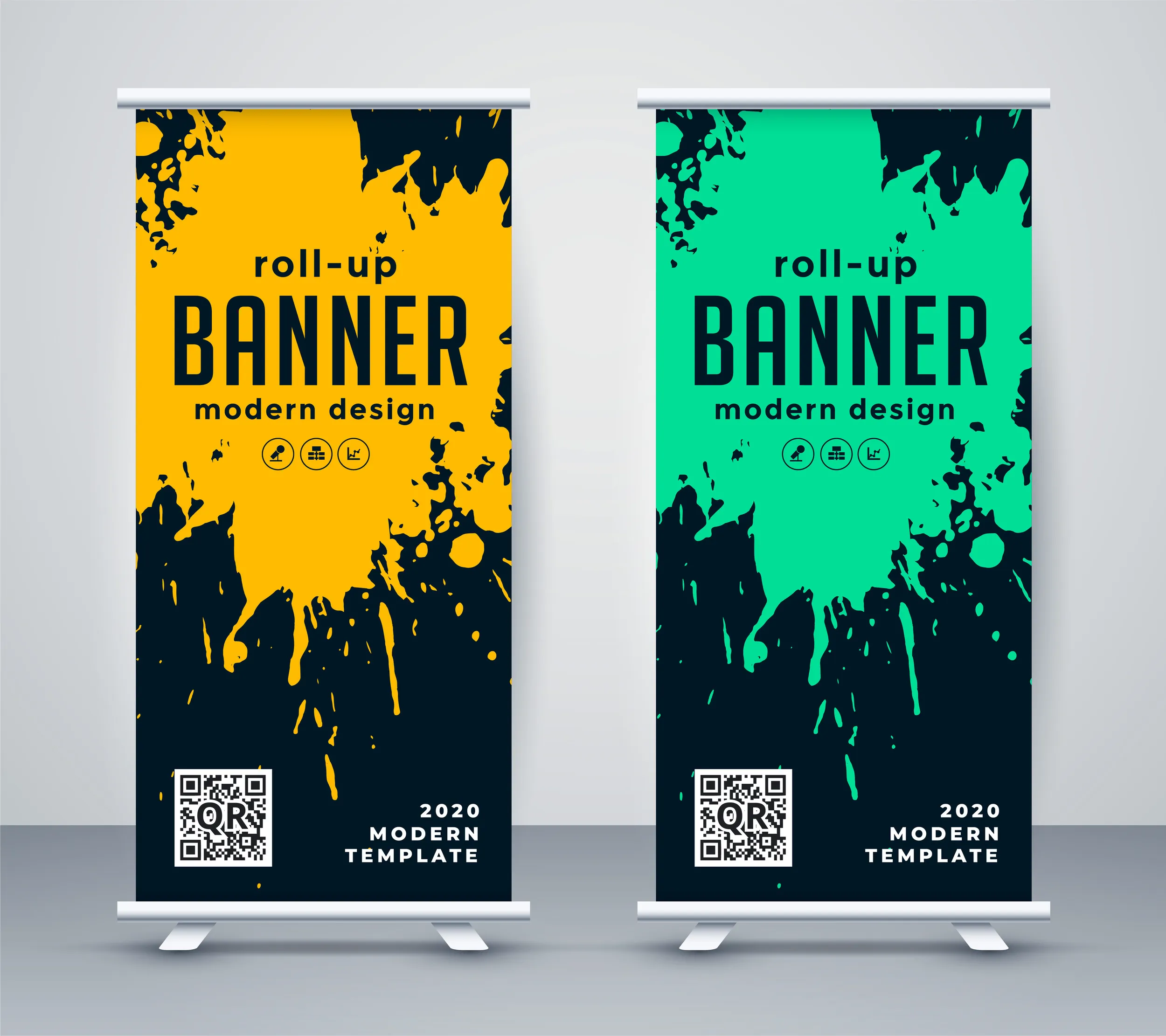 Dos roll up banner con diseño moderno, destacando manchas de pintura en tonos amarillo y verde sobre un fondo oscuro, para captar la atención en eventos.