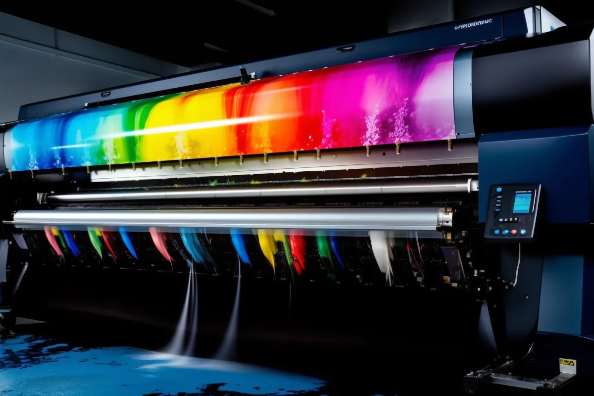 Una máquina de gran formato aplica una gama intensa de colores en un proceso continuo, reflejando el trabajo preciso característico de la impresión offset.