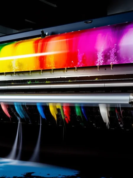 Una máquina de gran formato aplica una gama intensa de colores en un proceso continuo, reflejando el trabajo preciso característico de la impresión offset.