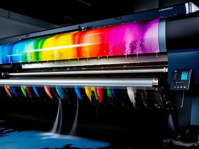 Una máquina de gran formato aplica una gama intensa de colores en un proceso continuo, reflejando el trabajo preciso característico de la impresión offset.