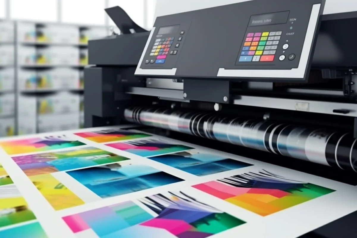 Equipo de impresión trabajando con muestras de color que permiten apreciar los distintos tipos de impresión y sus variaciones en tono, precisión y acabado.