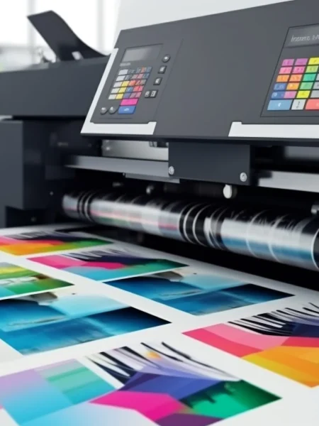 Equipo de impresión trabajando con muestras de color que permiten apreciar los distintos tipos de impresión y sus variaciones en tono, precisión y acabado.
