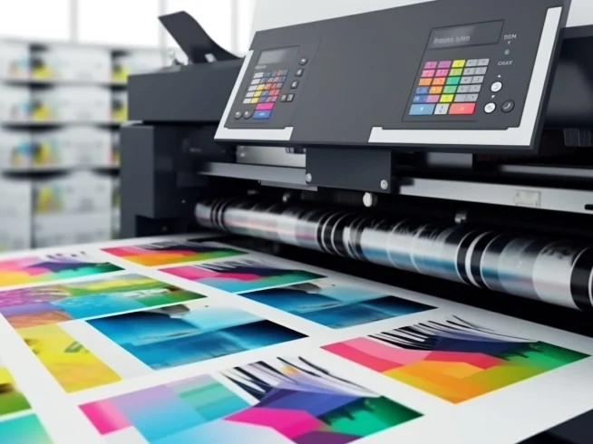 Equipo de impresión trabajando con muestras de color que permiten apreciar los distintos tipos de impresión y sus variaciones en tono, precisión y acabado.