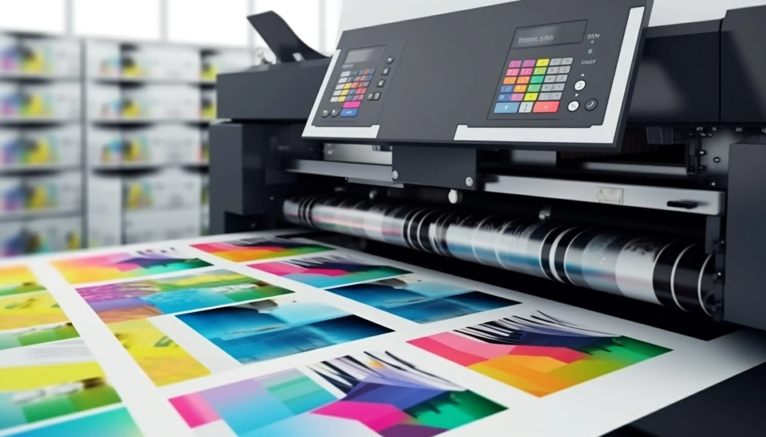 Equipo de impresión trabajando con muestras de color que permiten apreciar los distintos tipos de impresión y sus variaciones en tono, precisión y acabado.