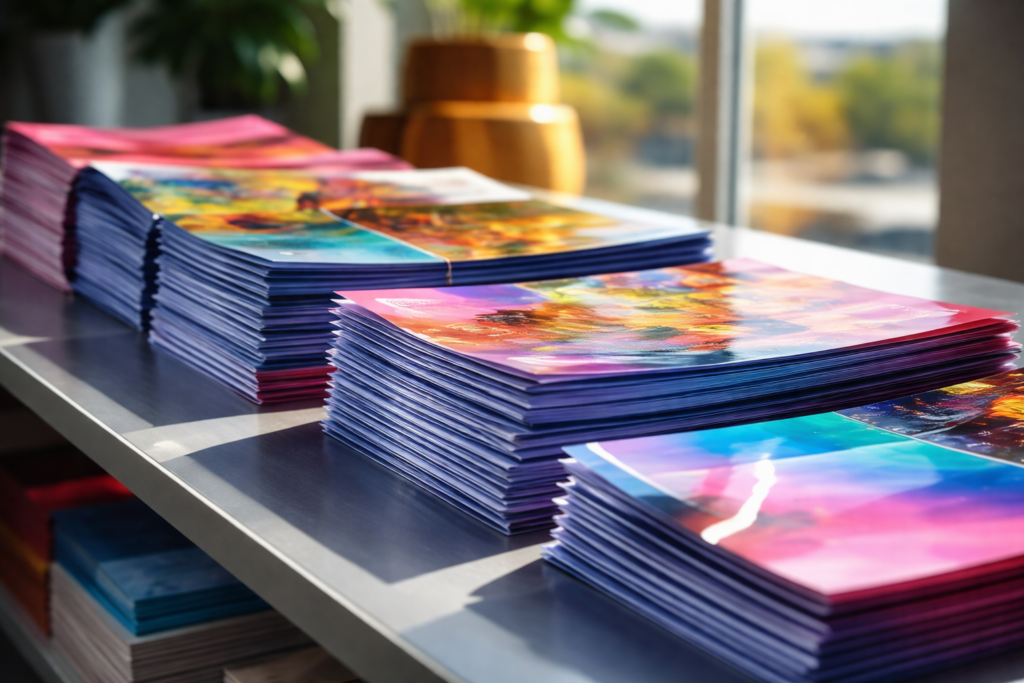 Montones de impresos con colores intensos organizados cuidadosamente, reflejando calidad en impresión tabloide. Paquetes de revistas apiladas con acabado brillante, ejemplo de impresión tabloide a color profesional.