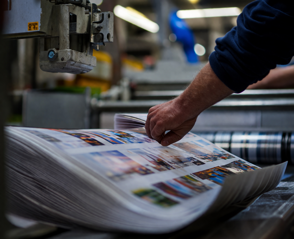 Supervisión de tiraje con páginas a color en prensa, etapa clave de impresión tabloide profesional. Operador revisando hojas impresas en máquina industrial, control de calidad en impresión tabloide moderna.